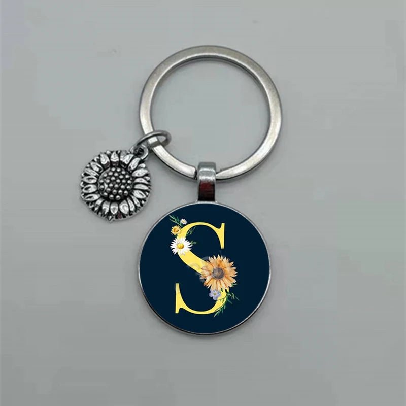Fashion Jewelry Dome Glass Metal Keychain – 26 English Alphabet A–Z Sunflower Pendant - SMARTMARTNZ