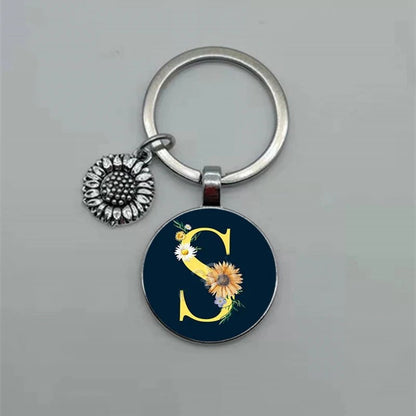 Fashion Jewelry Dome Glass Metal Keychain – 26 English Alphabet A–Z Sunflower Pendant - SMARTMARTNZ