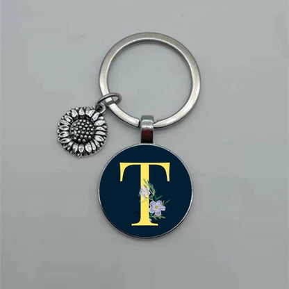 Fashion Jewelry Dome Glass Metal Keychain – 26 English Alphabet A–Z Sunflower Pendant - SMARTMARTNZ