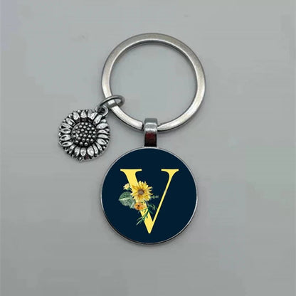 Fashion Jewelry Dome Glass Metal Keychain – 26 English Alphabet A–Z Sunflower Pendant - SMARTMARTNZ