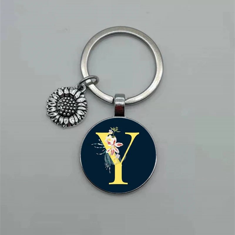 Fashion Jewelry Dome Glass Metal Keychain – 26 English Alphabet A–Z Sunflower Pendant - SMARTMARTNZ