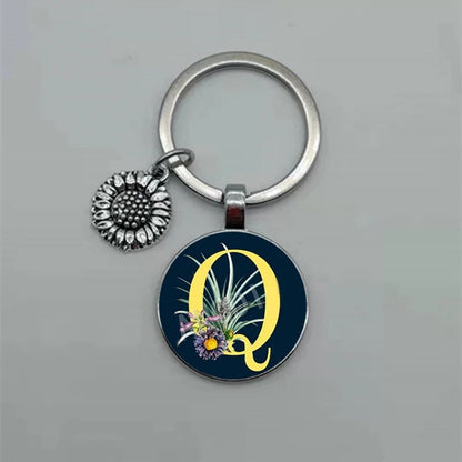 Fashion Jewelry Dome Glass Metal Keychain – 26 English Alphabet A–Z Sunflower Pendant - SMARTMARTNZ