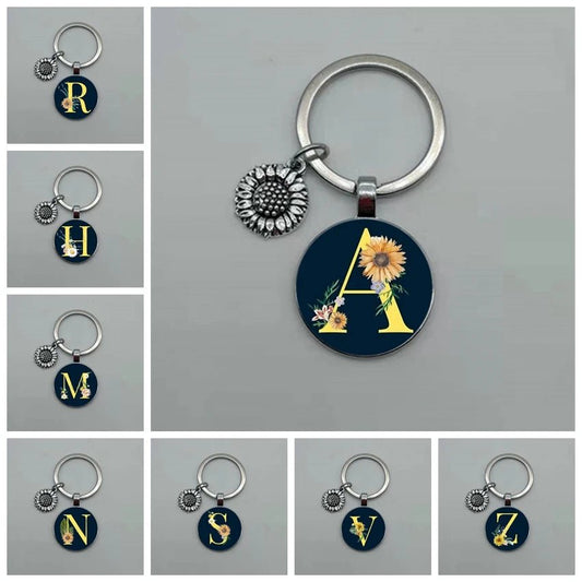Fashion Jewelry Dome Glass Metal Keychain – 26 English Alphabet A–Z Sunflower Pendant - SMARTMARTNZ