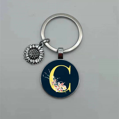 Fashion Jewelry Dome Glass Metal Keychain – 26 English Alphabet A–Z Sunflower Pendant - SMARTMARTNZ