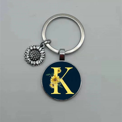 Fashion Jewelry Dome Glass Metal Keychain – 26 English Alphabet A–Z Sunflower Pendant - SMARTMARTNZ