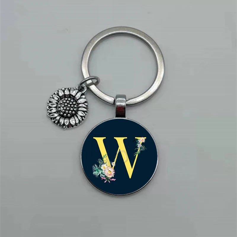 Fashion Jewelry Dome Glass Metal Keychain – 26 English Alphabet A–Z Sunflower Pendant - SMARTMARTNZ
