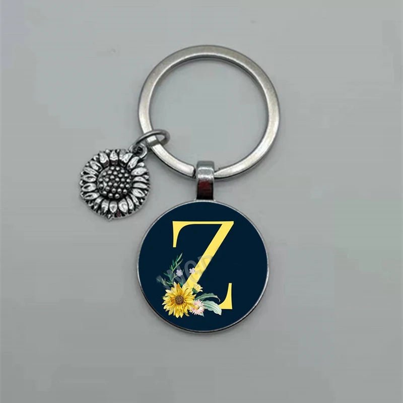 Fashion Jewelry Dome Glass Metal Keychain – 26 English Alphabet A–Z Sunflower Pendant - SMARTMARTNZ