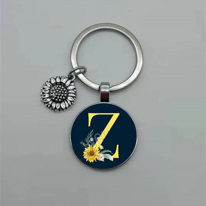 Fashion Jewelry Dome Glass Metal Keychain – 26 English Alphabet A–Z Sunflower Pendant - SMARTMARTNZ