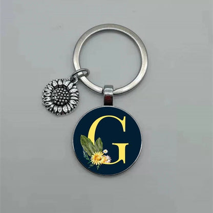 Fashion Jewelry Dome Glass Metal Keychain – 26 English Alphabet A–Z Sunflower Pendant - SMARTMARTNZ