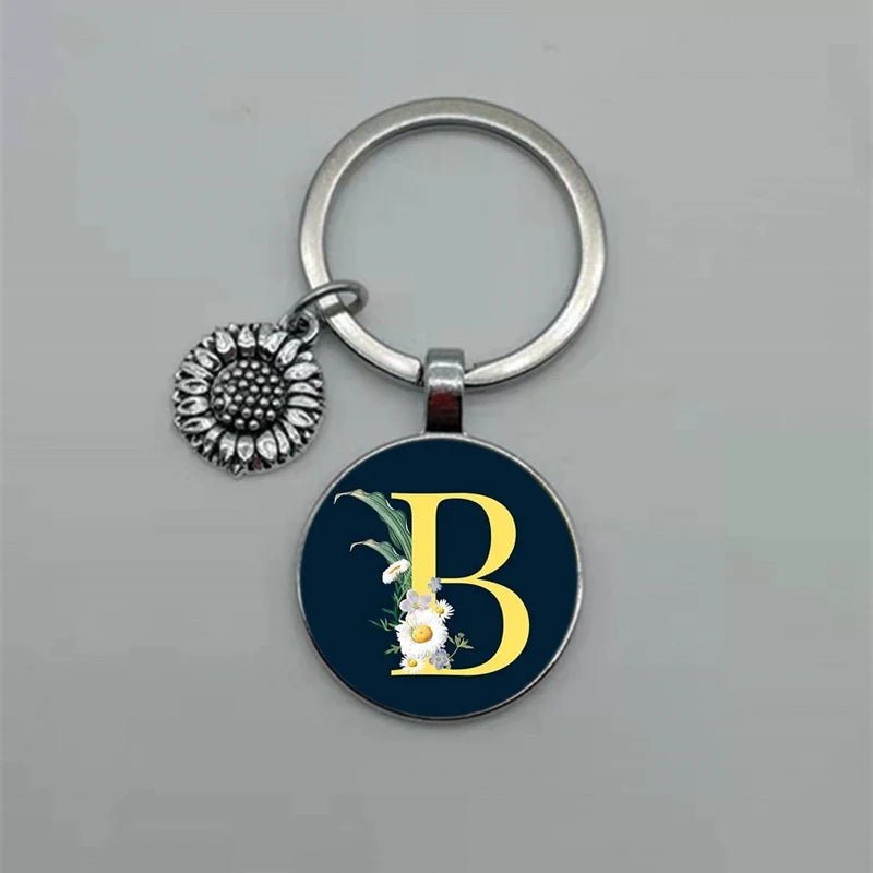 Fashion Jewelry Dome Glass Metal Keychain – 26 English Alphabet A–Z Sunflower Pendant - SMARTMARTNZ
