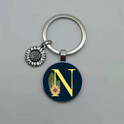 Fashion Jewelry Dome Glass Metal Keychain – 26 English Alphabet A–Z Sunflower Pendant - SMARTMARTNZ