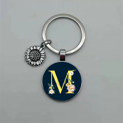 Fashion Jewelry Dome Glass Metal Keychain – 26 English Alphabet A–Z Sunflower Pendant - SMARTMARTNZ