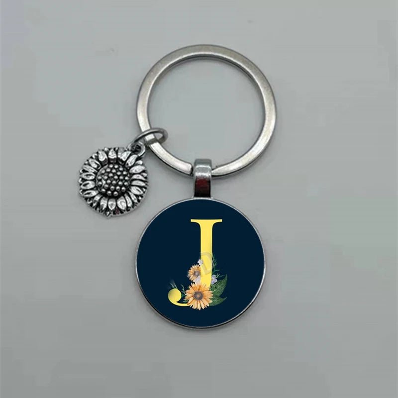 Fashion Jewelry Dome Glass Metal Keychain – 26 English Alphabet A–Z Sunflower Pendant - SMARTMARTNZ