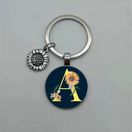 Fashion Jewelry Dome Glass Metal Keychain – 26 English Alphabet A–Z Sunflower Pendant - SMARTMARTNZ
