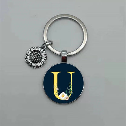Fashion Jewelry Dome Glass Metal Keychain – 26 English Alphabet A–Z Sunflower Pendant - SMARTMARTNZ