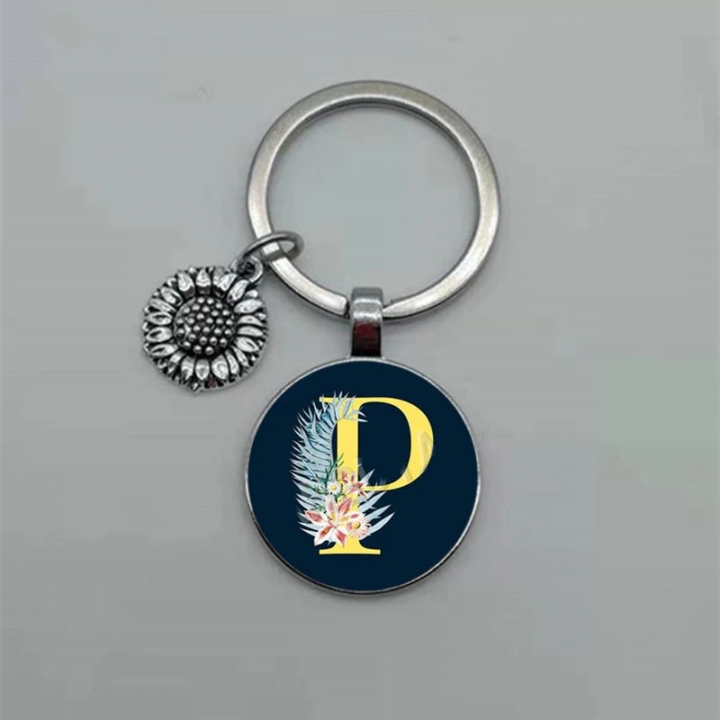 Fashion Jewelry Dome Glass Metal Keychain – 26 English Alphabet A–Z Sunflower Pendant - SMARTMARTNZ