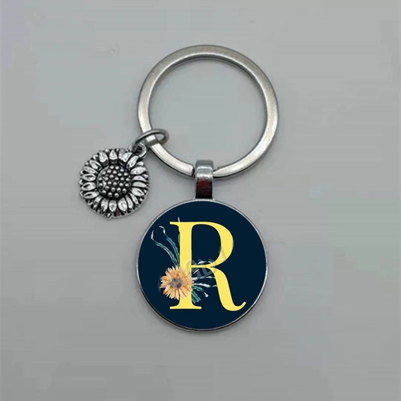 Fashion Jewelry Dome Glass Metal Keychain – 26 English Alphabet A–Z Sunflower Pendant - SMARTMARTNZ