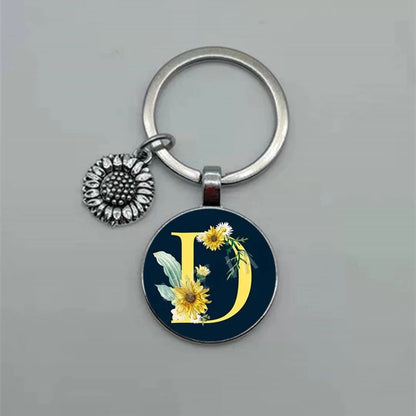 Fashion Jewelry Dome Glass Metal Keychain – 26 English Alphabet A–Z Sunflower Pendant - SMARTMARTNZ