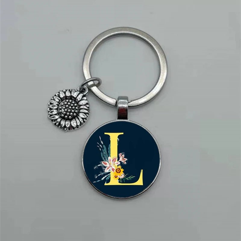 Fashion Jewelry Dome Glass Metal Keychain – 26 English Alphabet A–Z Sunflower Pendant - SMARTMARTNZ