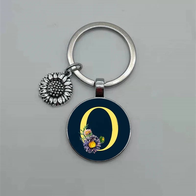 Fashion Jewelry Dome Glass Metal Keychain – 26 English Alphabet A–Z Sunflower Pendant - SMARTMARTNZ