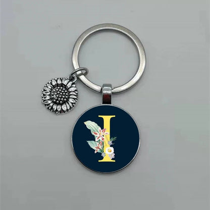 Fashion Jewelry Dome Glass Metal Keychain – 26 English Alphabet A–Z Sunflower Pendant - SMARTMARTNZ