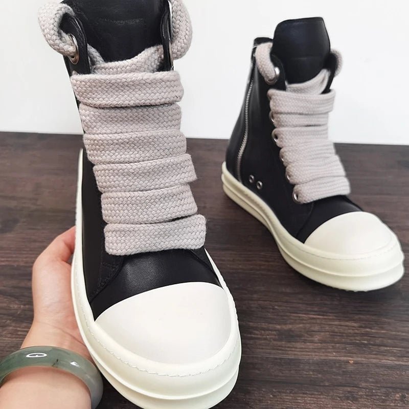 Fashion Men’s Casual Sneakers – Jumbo Shoelace Lace - Up Shoes | Unisex Solid Black Leather - Style Footwear - SMARTMARTNZ