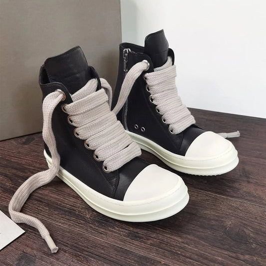 Fashion Men’s Casual Sneakers – Jumbo Shoelace Lace - Up Shoes | Unisex Solid Black Leather - Style Footwear - SMARTMARTNZ