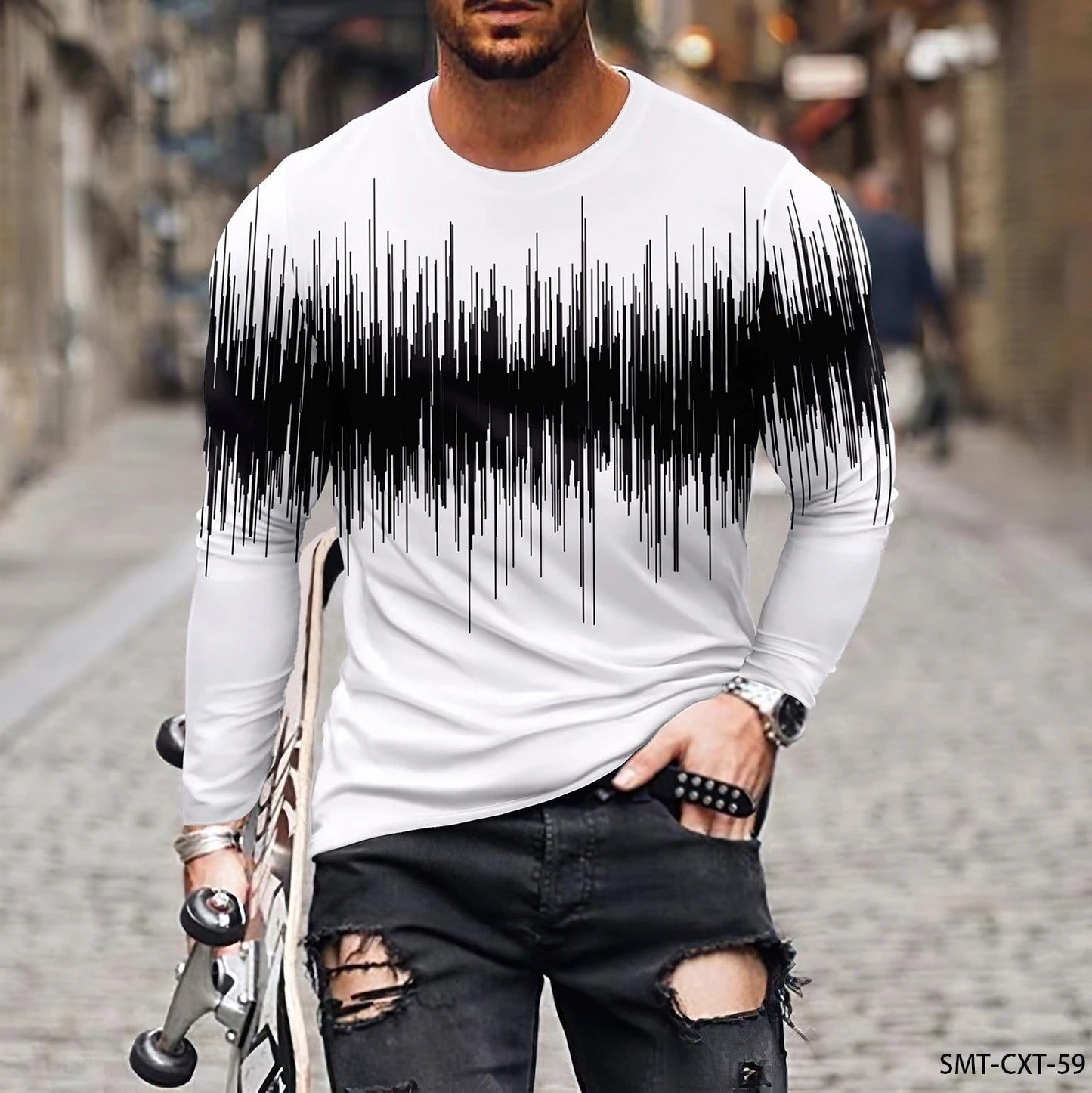 Fashion Trend Men’s Long Sleeve Tee – Colorful 3D Line Pattern, Plus Size Pullover - SMARTMARTNZ