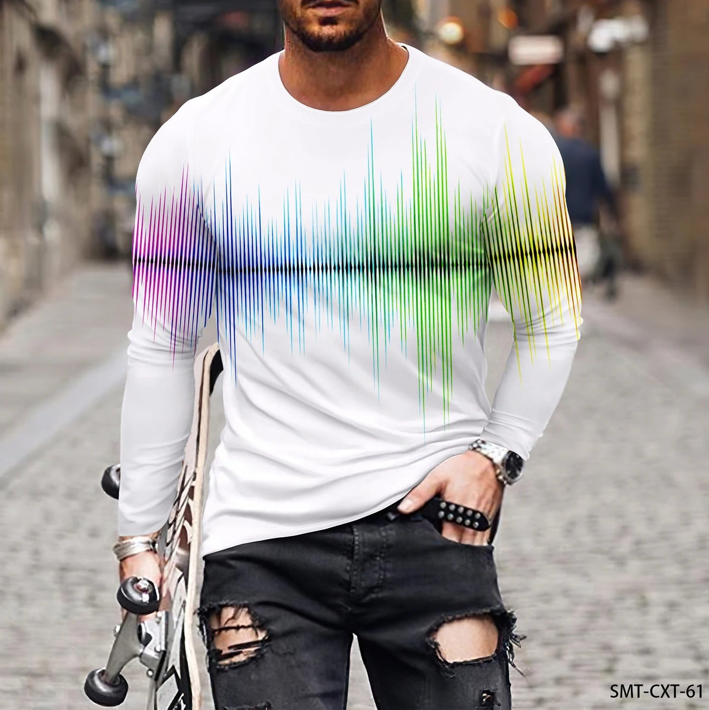 Fashion Trend Men’s Long Sleeve Tee – Colorful 3D Line Pattern, Plus Size Pullover - SMARTMARTNZ