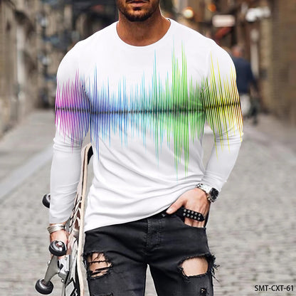 Fashion Trend Men’s Long Sleeve Tee – Colorful 3D Line Pattern, Plus Size Pullover - SMARTMARTNZ