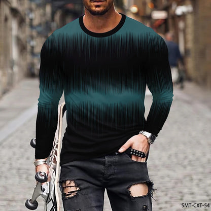 Fashion Trend Men’s Long Sleeve Tee – Colorful 3D Line Pattern, Plus Size Pullover - SMARTMARTNZ