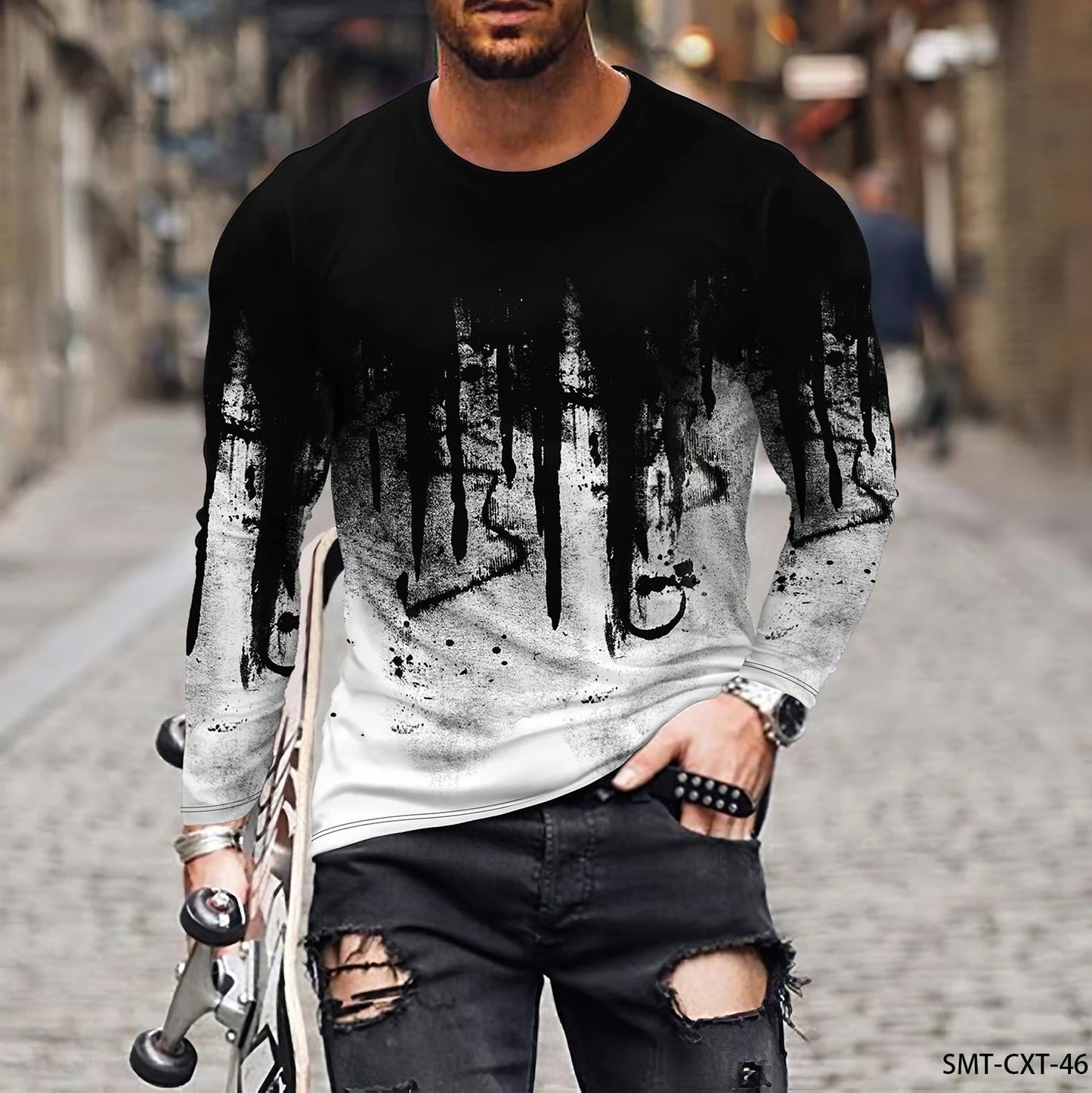 Fashion Trend Men’s Long Sleeve Tee – Colorful 3D Line Pattern, Plus Size Pullover - SMARTMARTNZ