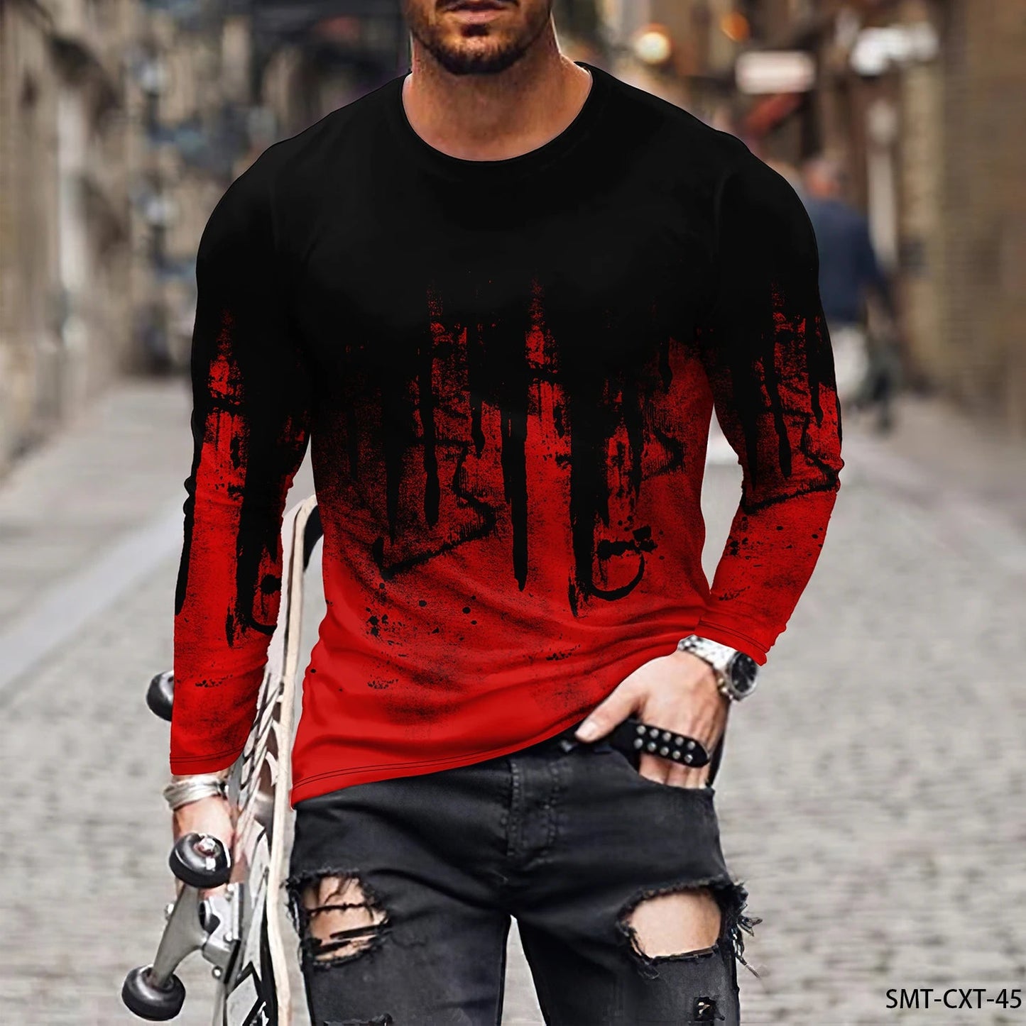Fashion Trend Men’s Long Sleeve Tee – Colorful 3D Line Pattern, Plus Size Pullover - SMARTMARTNZ