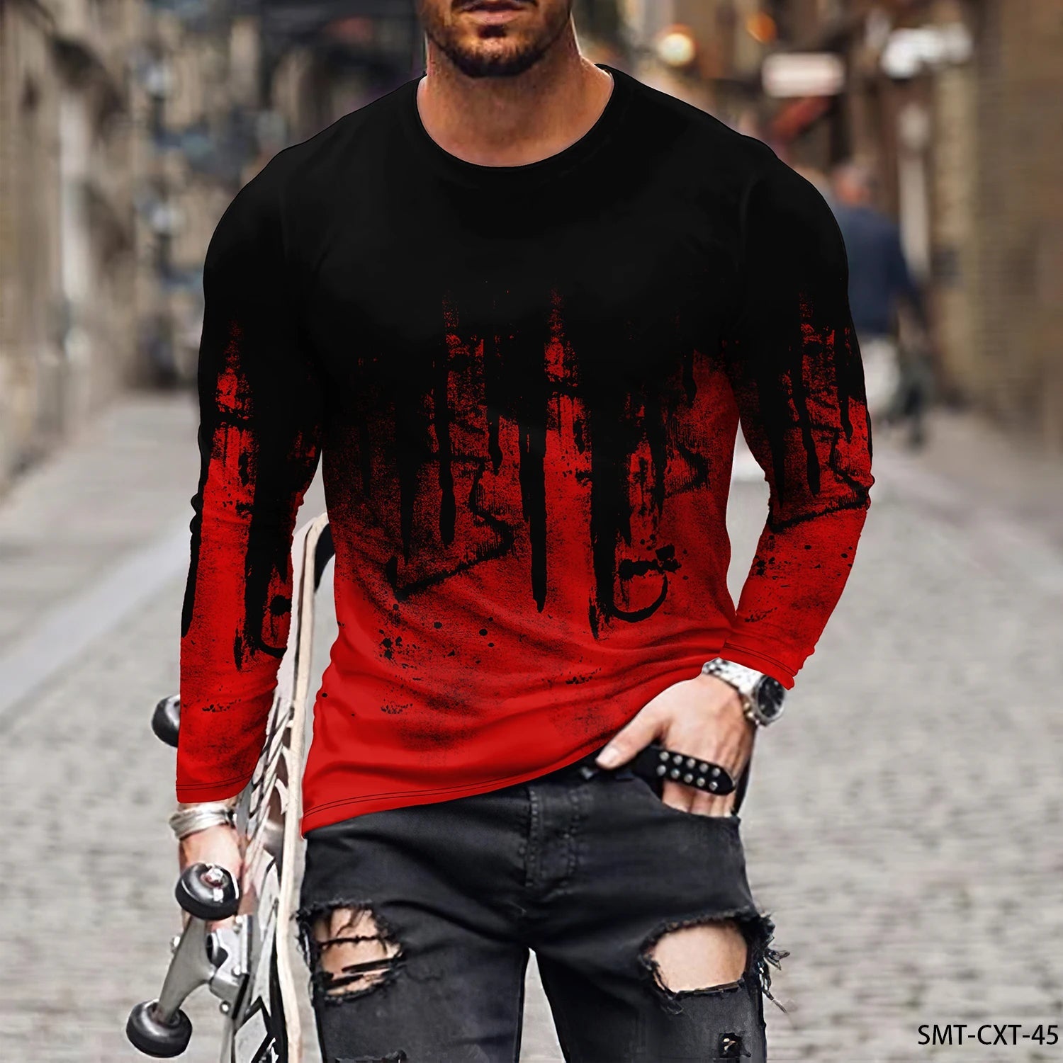 Fashion Trend Men’s Long Sleeve Tee – Colorful 3D Line Pattern, Plus Size Pullover - SMARTMARTNZ