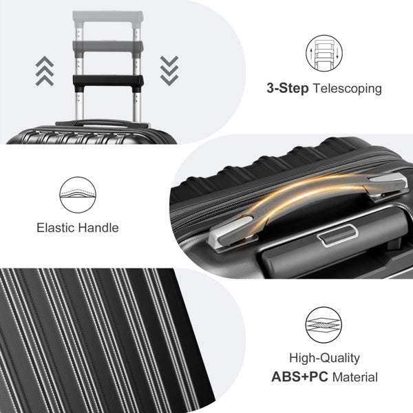 FCH Vertical Pattern 2 - Piece Set 20 Inch Expandable With 14 Inch Suitcase, ABS, PC Trolley Case, 14in 20in Silent Wheels, Inner Iron And Outer Aluminum Tie Rod, Classic Color - Black - SMARTMARTNZ