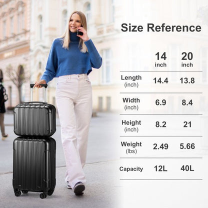 FCH Vertical Pattern 2 - Piece Set 20 Inch Expandable With 14 Inch Suitcase, ABS, PC Trolley Case, 14in 20in Silent Wheels, Inner Iron And Outer Aluminum Tie Rod, Classic Color - Black - SMARTMARTNZ