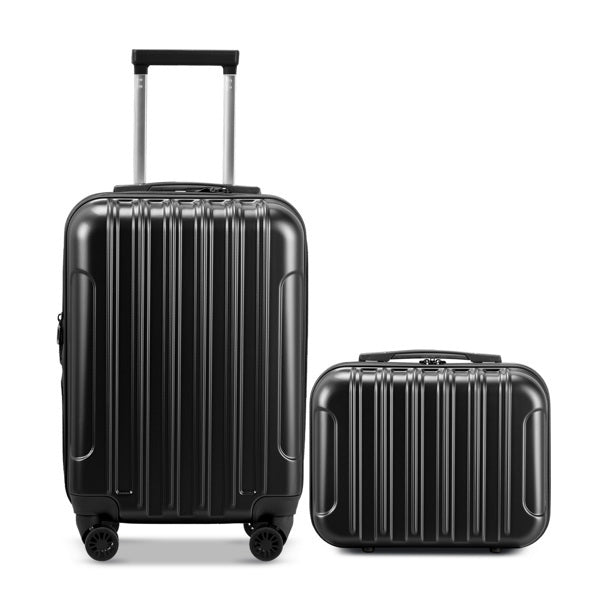 FCH Vertical Pattern 2 - Piece Set 20 Inch Expandable With 14 Inch Suitcase, ABS, PC Trolley Case, 14in 20in Silent Wheels, Inner Iron And Outer Aluminum Tie Rod, Classic Color - Black - SMARTMARTNZ