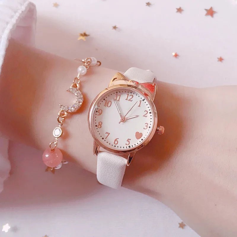 Girls’ Cute Watch & Bracelet Gift Set – Quartz Leather Strap Kids’ Clock - SMARTMARTNZ