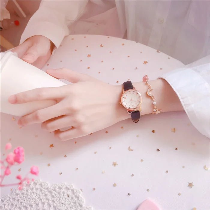 Girls’ Cute Watch & Bracelet Gift Set – Quartz Leather Strap Kids’ Clock - SMARTMARTNZ