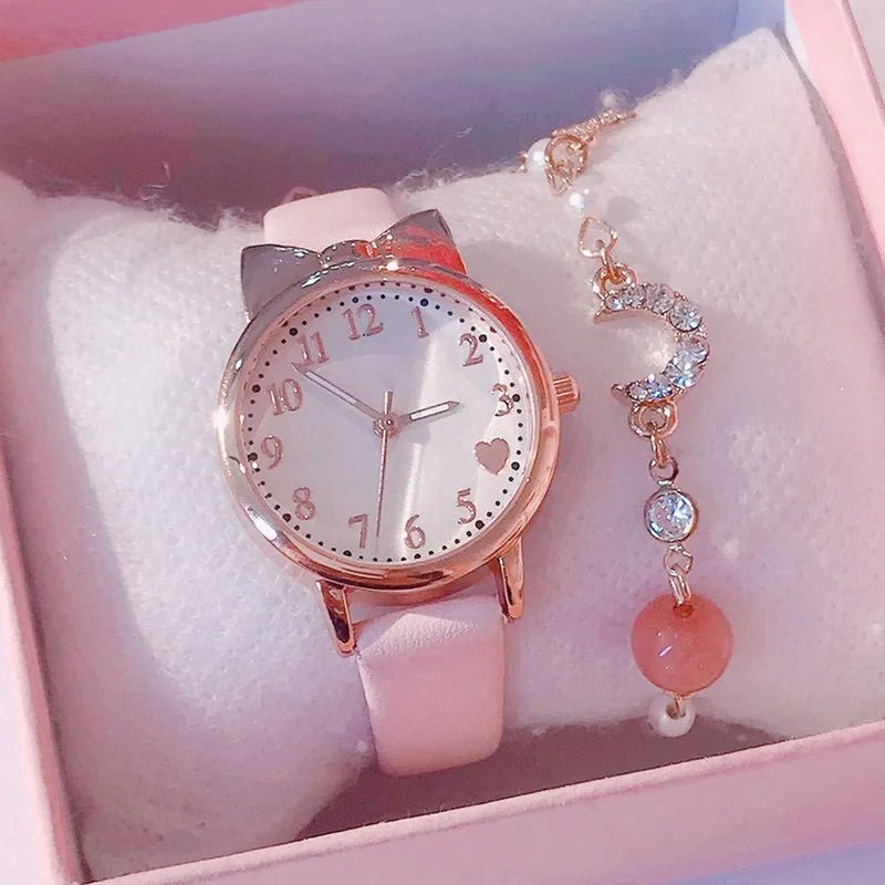 Girls’ Cute Watch & Bracelet Gift Set – Quartz Leather Strap Kids’ Clock - SMARTMARTNZ