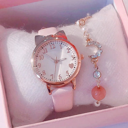 Girls’ Cute Watch & Bracelet Gift Set – Quartz Leather Strap Kids’ Clock - SMARTMARTNZ