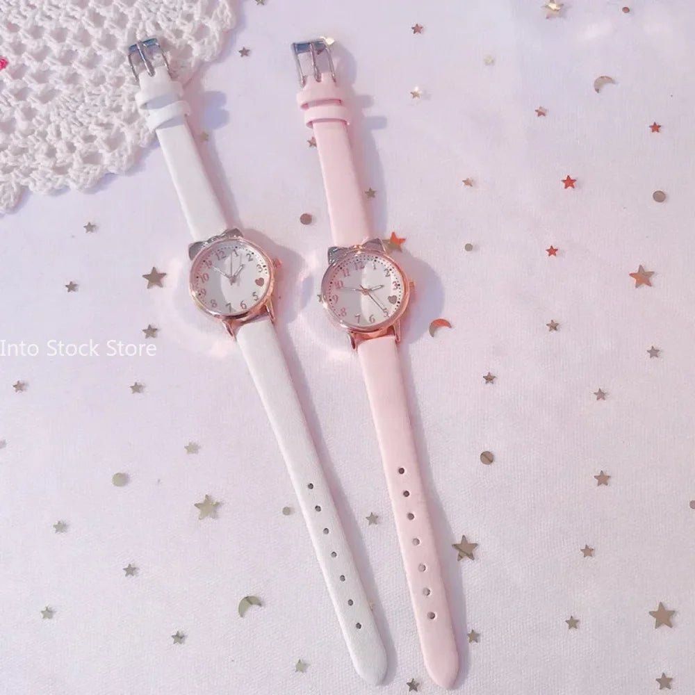 Girls’ Cute Watch & Bracelet Gift Set – Quartz Leather Strap Kids’ Clock - SMARTMARTNZ