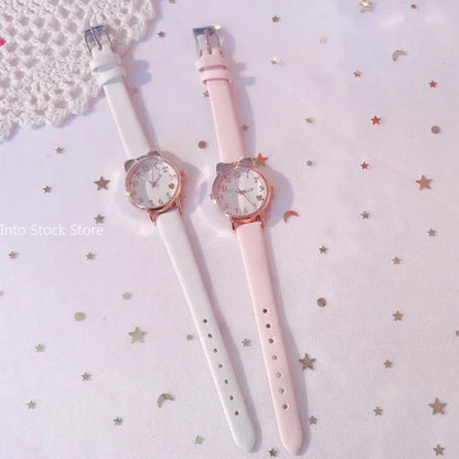Girls’ Cute Watch & Bracelet Gift Set – Quartz Leather Strap Kids’ Clock - SMARTMARTNZ