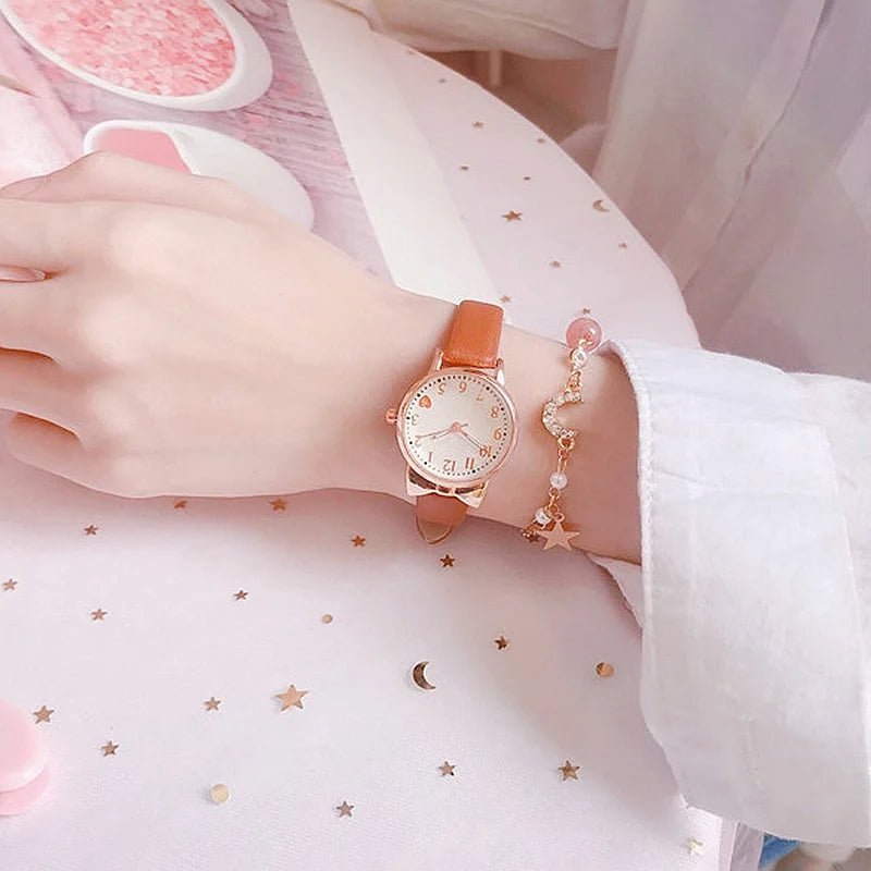 Girls’ Cute Watch & Bracelet Gift Set – Quartz Leather Strap Kids’ Clock - SMARTMARTNZ