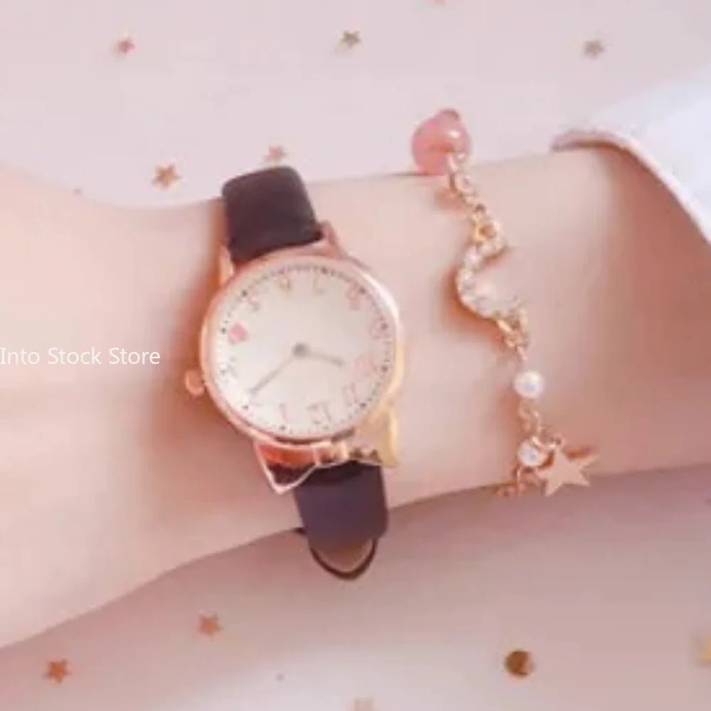Girls’ Cute Watch & Bracelet Gift Set – Quartz Leather Strap Kids’ Clock - SMARTMARTNZ