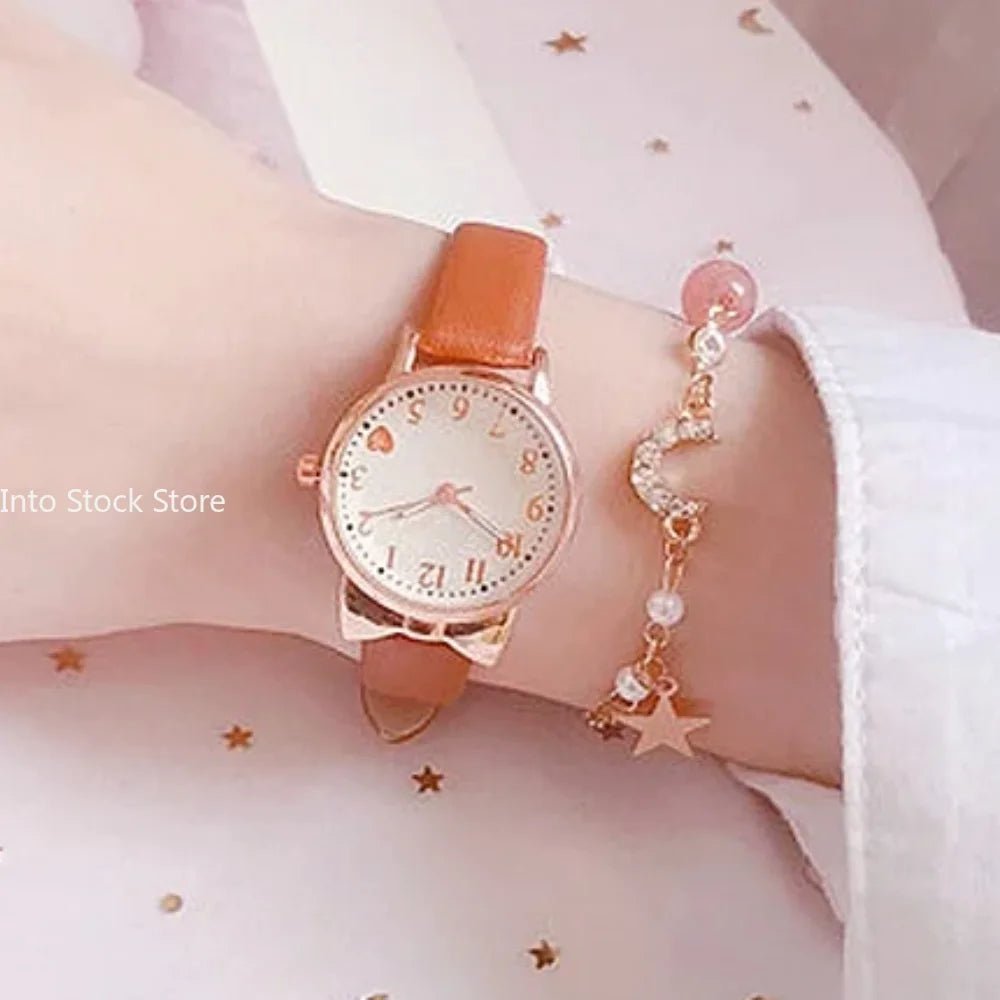 Girls’ Cute Watch & Bracelet Gift Set – Quartz Leather Strap Kids’ Clock - SMARTMARTNZ