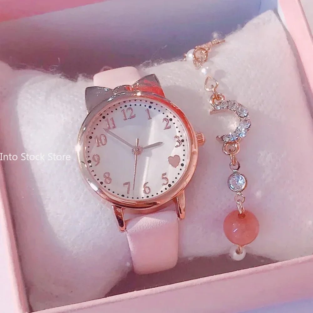 Girls’ Cute Watch & Bracelet Gift Set – Quartz Leather Strap Kids’ Clock - SMARTMARTNZ