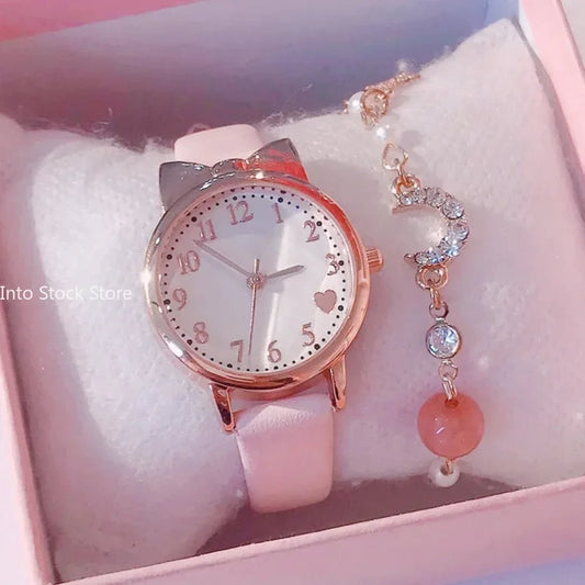 Girls’ Cute Watch & Bracelet Gift Set – Quartz Leather Strap Kids’ Clock - SMARTMARTNZ