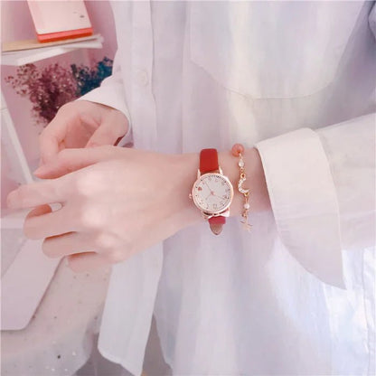 Girls’ Cute Watch & Bracelet Gift Set – Quartz Leather Strap Kids’ Clock - SMARTMARTNZ