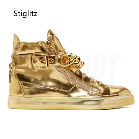 Gold & Silver Chain High - Top Sneakers – Mirror Leather Casual Ankle Boots | Breathable Sweat - Absorbing shoe - SMARTMARTNZ